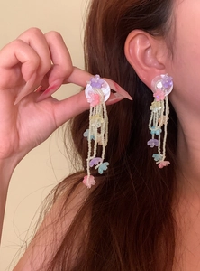 Detail view of colorful floral tassel earrings with beaded strands and shell base.