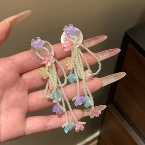 Macro view of colorful floral tassel beaded earrings with white pearl-like beads