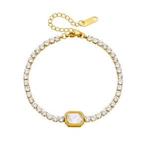Gold plated stainless steel tennis bracelet with rectangular emerald cut crystal centerpiece