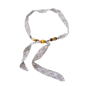 Elegant plaid chiffon ribbon necklace with wooden beads, minimalist summer accessory