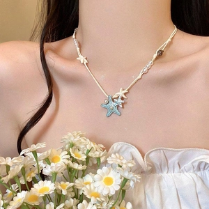 Summer Ocean Blue Starfish Conch Pendant Necklace For Women Beach Vacation Sweet Artificial Pearl Braided Rope Chain Jewelry
