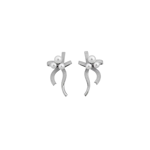 Elegant silver bow earrings with sparkling pave stones and three lustrous pearls