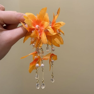 Elegant orange fabric flower tassel earrings with crystal pearls for beach vacation