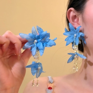 Exquisite blue fabric flower tassel earrings for women, perfect for beach vacation style
