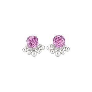 Elegant pink gemstone stud earrings with fan-shaped pearl accents and silver needles