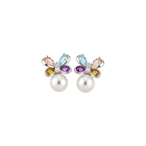 Elegant butterfly stud earrings with colorful zircons and white pearls on white background