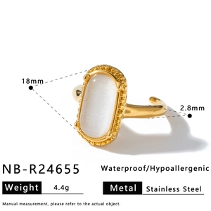 Detail view of stainless steel ring featuring oval cat's eye stone and measurements