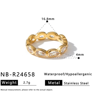 Detailed view of gold stainless steel ring with teardrop zircon stones and size specifications