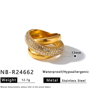 Macro detail of a luxurious gold-tone stainless steel ring featuring pavé zircons