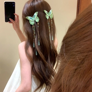 New Chinese Style Knitted Butterfly Hair Clip With Tassel Artificial Pearl Green Duckbill Clip Hair Accessories For Women