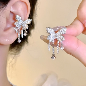 Butterfly Tassel Ear Cuff For Women No Piercing Fairy Zirconia Copper Silver Plated Earrings Niche Design Jewelry Gift
