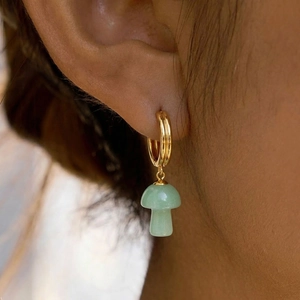 Mushroom Hoop Earrings 18K Gold Plated Stainless Steel Natural Stone C Shaped French Style For Women Waterproof Jewelry