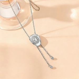 Silver stainless steel sweater necklace with cowboy hat pendant and metal tassels
