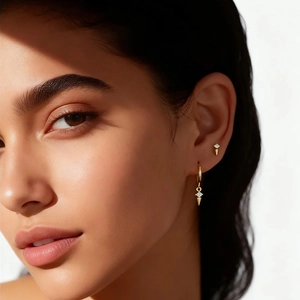 Elegant gold S925 sterling silver rivet hoop earrings with zircons for women