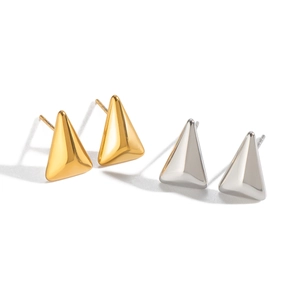 Polished geometric triangle pyramid stud earrings in gold and silver stainless steel