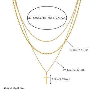 Detailed size chart for layered gold necklace showing three chain lengths and weight