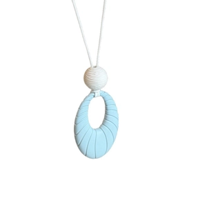 Elegant light blue oval pendant necklace with white cord long sweater chain for women