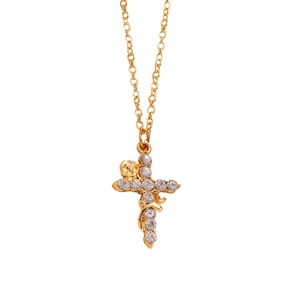 Macro detail of gold crown necklace with cubic zirconia and 3D rose flower accents
