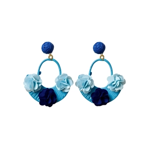 Handmade elegant blue raffia fabric flower drop earrings for vacation and summer beach styles