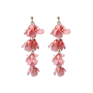 Long pink chiffon flower tassel earrings with multi-layered petal design for women
