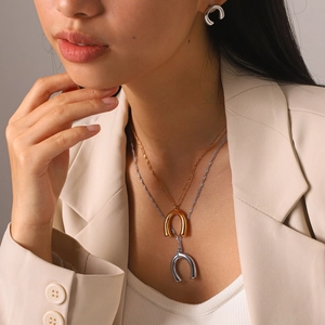 Close-up of model wearing minimalist U-shaped gold and silver necklaces and earrings.