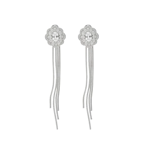Elegant silver flower stud earrings with shimmering long tassels and cubic zirconia