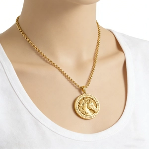 Golden 3D horse head pendant necklace with round greek fret border on box chain