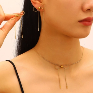 Stainless Steel Bowknot Necklace And Tassel Earrings Jewelry Set For Women Elegant Gold Silver Plated Snake Chain Accessory