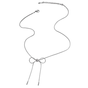 Detail of silver stainless steel bow necklace with snake chain and lobster clasp