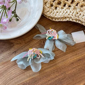 Elegant light blue fabric flower stud earrings with colorful bead centers for women
