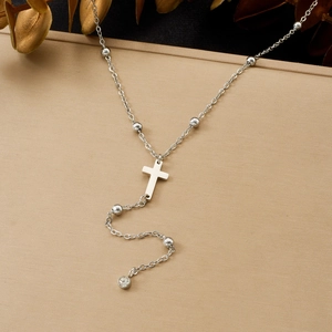 Silver beaded Y-shaped stainless steel necklace with cross pendant and zircon detail