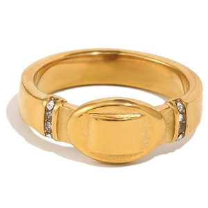 Elegant 18K gold plated stainless steel ring with oval center and rhinestone accents