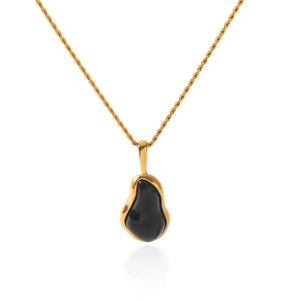 Detail view of 18K gold plated stainless steel necklace with black water drop pendant.