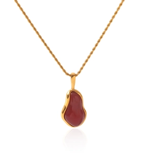 Close-up of 18K gold plated stainless steel necklace with red bean shape pendant