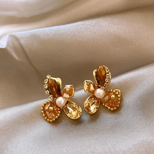 Elegant Glass Flower Stud Earrings With Artificial Pearl Luxury Gold Coffee Color Silver Earring Post For Women Jewelry
