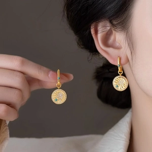 18K Gold Plated Zirconia Round Starburst Dangle Ear Buckle Earrings Vintage Light Luxury Turquoise Style Jewelry For Women