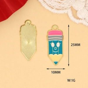 Detailed view of cute cartoon pencil enamel charm showing 25mm length and 10mm width