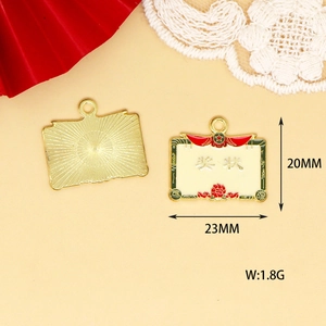 Close-up detail of merit certificate alloy charm with precise dimensions for DIY jewelry