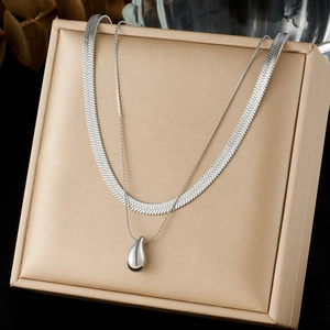 Double-layered silver stainless steel snake chain necklace with teardrop pendant