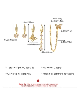 Detailed dimensions and weight specifications for 5-piece gold butterfly flower earrings set.