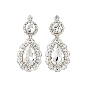 Elegant silver needle teardrop chandelier earrings with sparkling pavé-set clear crystals.