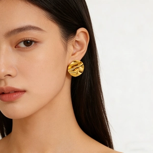 Chic 18k gold plated stainless steel irregular wavy round stud earrings for women