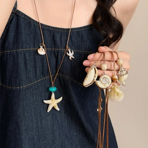Beach Vacation Style Leather Rope Starfish Conch Necklace Shell Acrylic Pendant Long Sweater Chain Jewelry For Women
