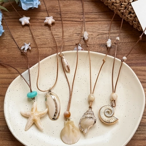 Detailed macro view of various ocean shell and starfish pendants on a stylish plate