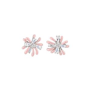 Elegant silver firework stud earrings featuring pink enamel petals and sparkling zircons