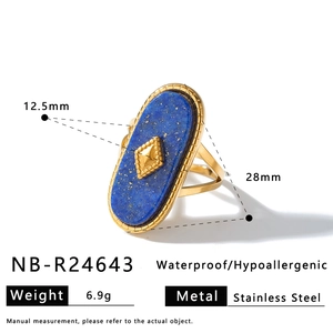Macro detail of gold stainless steel ring featuring an oval blue natural stone inlay