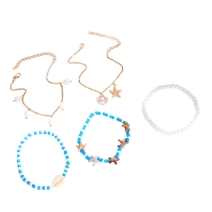 Set de tobilleras bohemias con dijes de estrella de mar y cuentas azules de playa