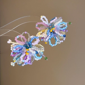 Detailed close-up of colorful crystal flower beaded earrings featuring premium silver needles