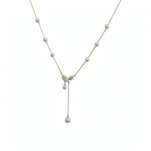 Elegant 18k gold plated necklace with cubic zirconia leaf and pearl Y-drop design