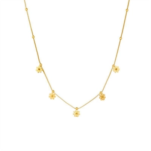 Golden titanium steel necklace featuring five delicate daisy flower pendants on white background